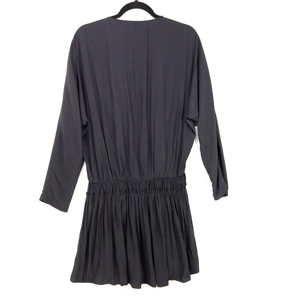 Ramy Brook Mini Dress Size Medium Black Cinched Waist Long Sleeves Satin - Picture 2 of 11